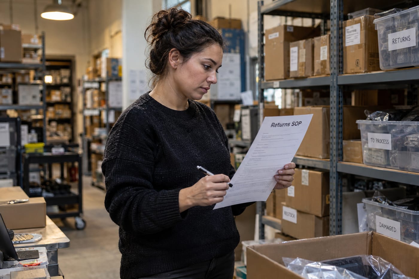 Operations manager reviewing a printed returns SOP document in a small stockroom