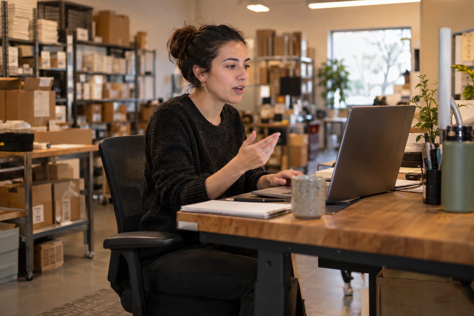 Operations manager at her desk speaking through a process aloud while working on her laptop